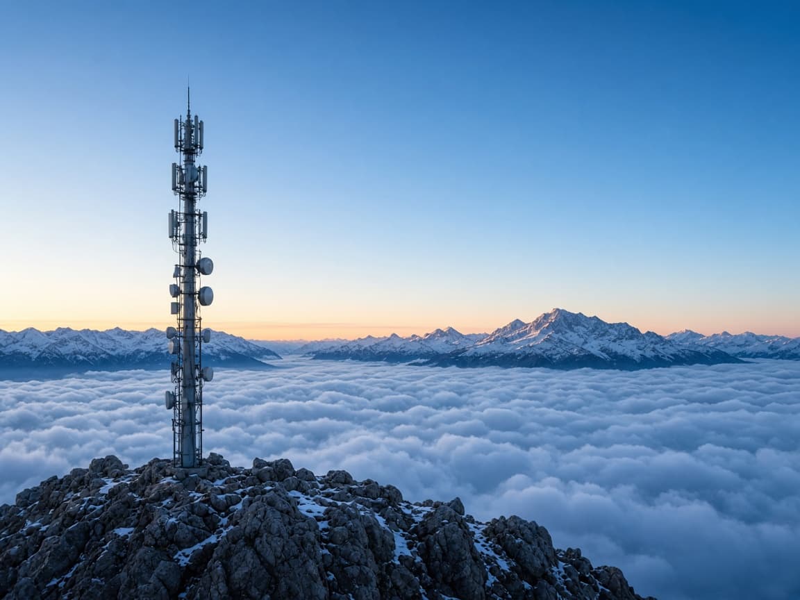 Telecommunications tower on an alpine summit above the clouds