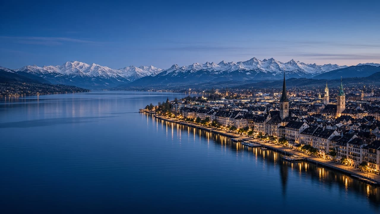 Swiss lakeside city at blue hour with the Alps in the background